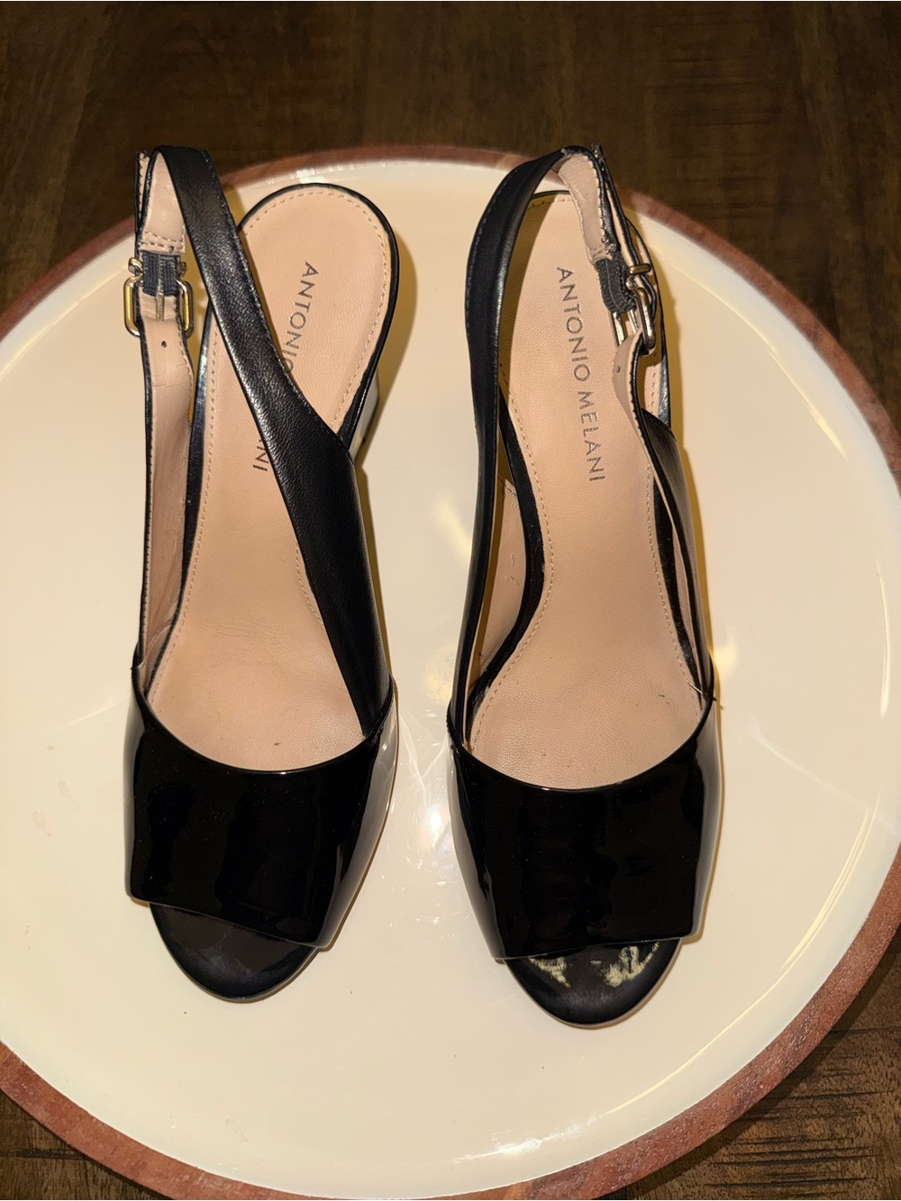 ANTONIO MELANI Black Patent Open-Toe Slingback Heels